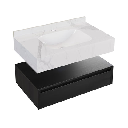 Swiss Madison, Avancer 36" Wall-Mounted Bathroom Vanity in Black Oak with White Marble Sink Top