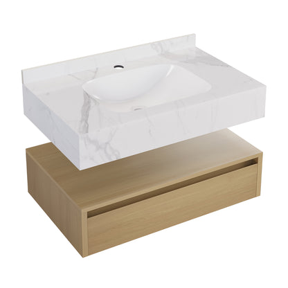 Swiss Madison, Avancer 36" Wall-Mounted Bathroom Vanity in Natural Oak with White Marble Sink Top