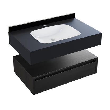 Swiss Madison, Avancer 36" Wall-Mounted Bathroom Vanity in Black Oak with Black Marble Sink Top