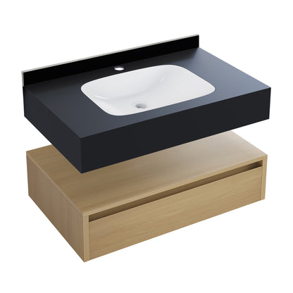 Swiss Madison, Avancer 36" Wall-Mounted Bathroom Vanity in Natural Oak with Black Marble Sink Top