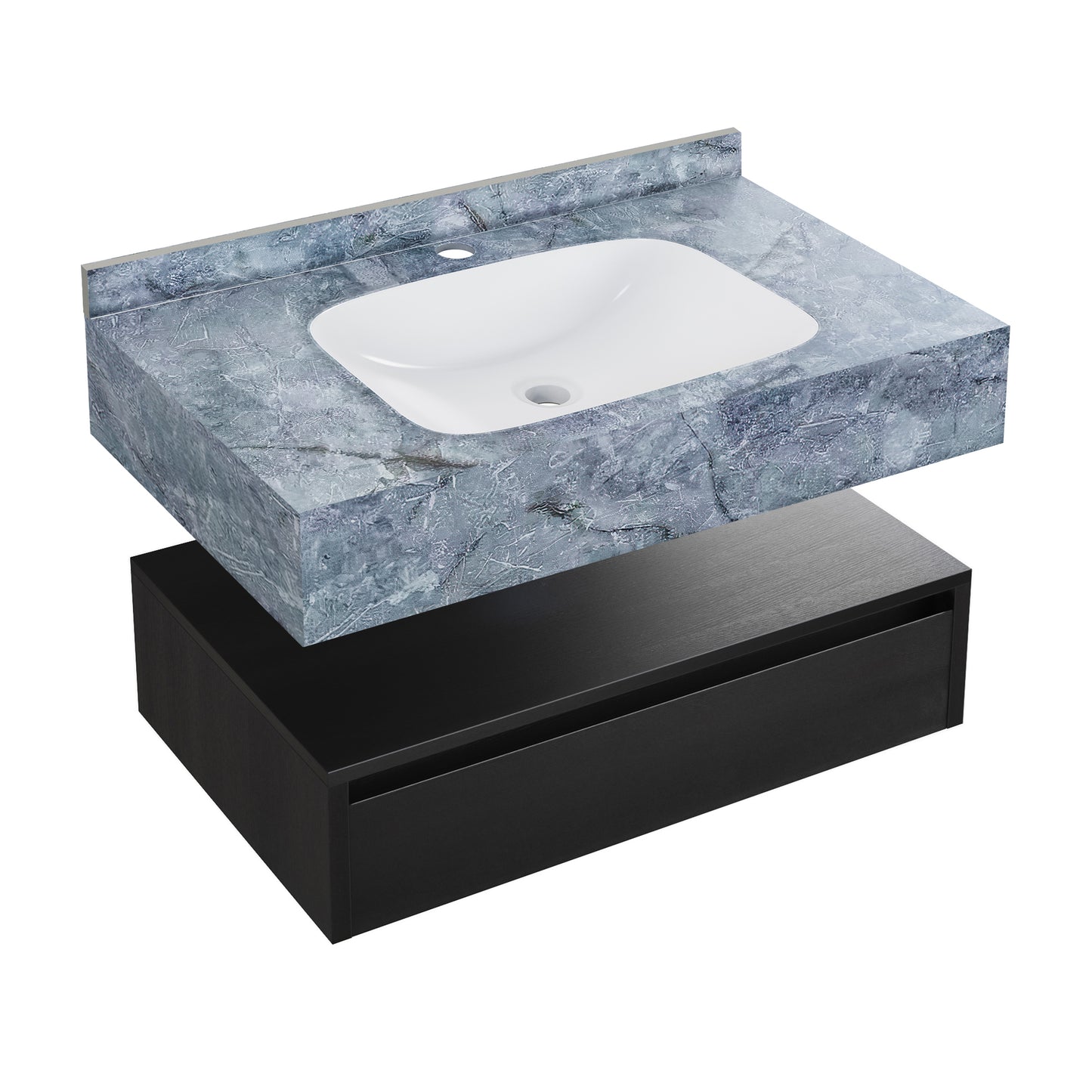 Swiss Madison, Avancer 36" Wall-Mounted Bathroom Vanity in Black Oak with Blue Celeste Sink Top