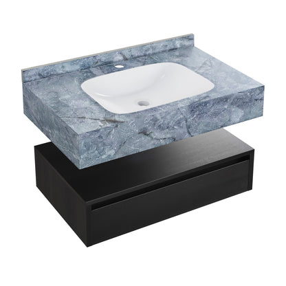 Swiss Madison, Avancer 36" Wall-Mounted Bathroom Vanity in Black Oak with Blue Celeste Sink Top