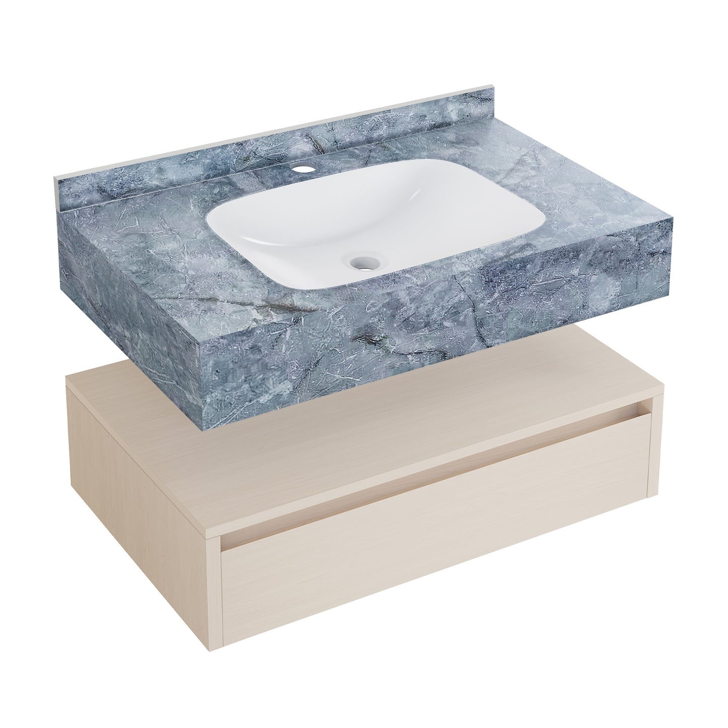 Swiss Madison, Avancer 36" Wall-Mounted Bathroom Vanity in White Oak with Blue Celeste Sink Top