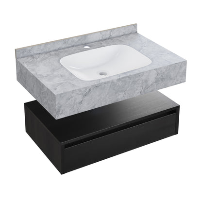 Swiss Madison, Avancer 36" Wall-Mounted Bathroom Vanity in Black Oak with Storm Grey Sink Top
