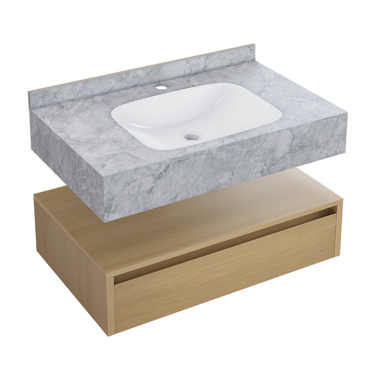 Swiss Madison, Avancer 36" Wall-Mounted Bathroom Vanity in Natural Oak with Storm Grey Sink Top