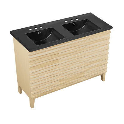 Swiss Madison, Cascade 48 in. Natural Oak, Double Basin Bathroom Vanity With Black, 3-Hole Ceramic Sink Top