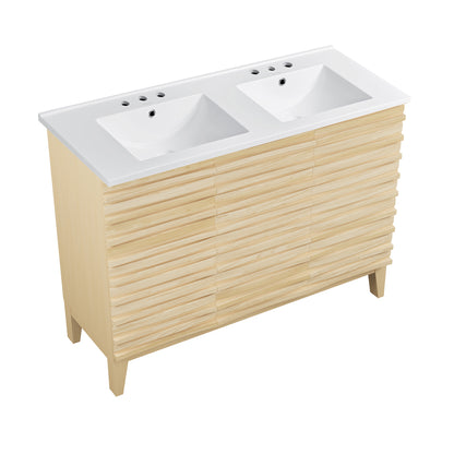 Swiss Madison, Cascade 48 in. Natural Oak, Double Basin Bathroom Vanity With White, 3-Hole Ceramic Sink Top