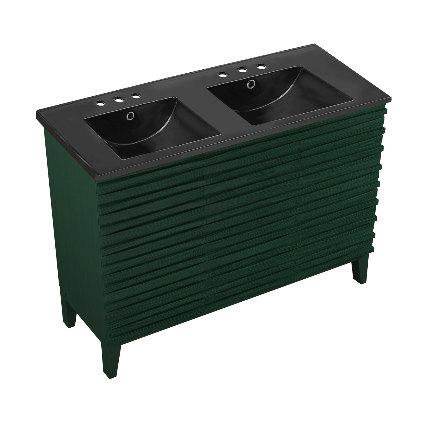 Swiss Madison, Cascade 48" Freestanding Bathroom Vanity in Green Oak with Black 3-Hole Widespread Double Basin Sink Top
