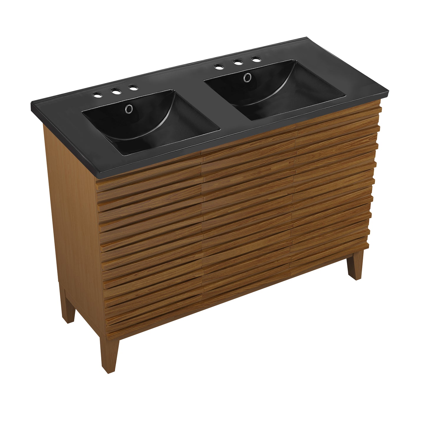 Swiss Madison, Cascade 48 in. Brown Oak, Double Basin Bathroom Vanity With Black, 3-Hole Ceramic Sink Top