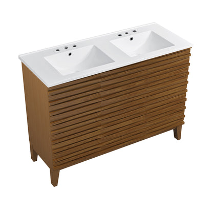 Swiss Madison, Cascade 48 in. Brown Oak, Double Basin Bathroom Vanity With White, 3-Hole Ceramic Sink Top