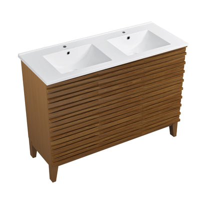 Swiss Madison, Cascade 48 in. Brown Oak, Double Basin Bathroom Vanity With White Ceramic Sink Top
