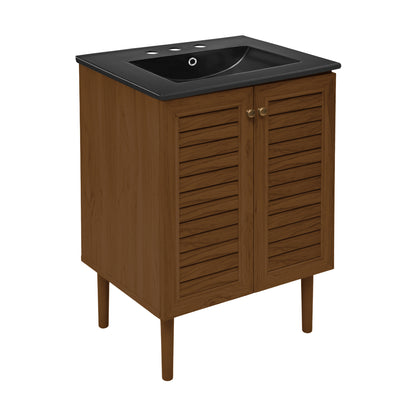 Swiss Madison, Bron 24" Freestanding Bathroom Vanity in Brown Oak with Black 3-Hole Widespread Sink Top