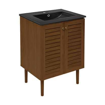 Swiss Madison, Bron 24" Freestanding Bathroom Vanity in Brown Oak with Black Sink Top
