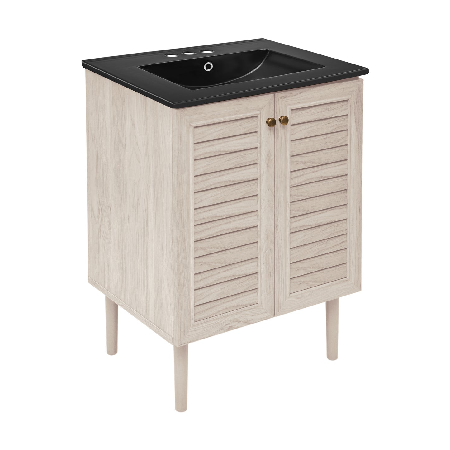 Swiss Madison, Bron 24" Freestanding Bathroom Vanity in White Oak with Black 3-Hole Centerset Sink Top