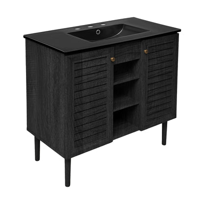 Swiss Madison, Bron 36" Freestanding Bathroom Vanity in Black Oak with Black 3-Hole Widespread Sink Top