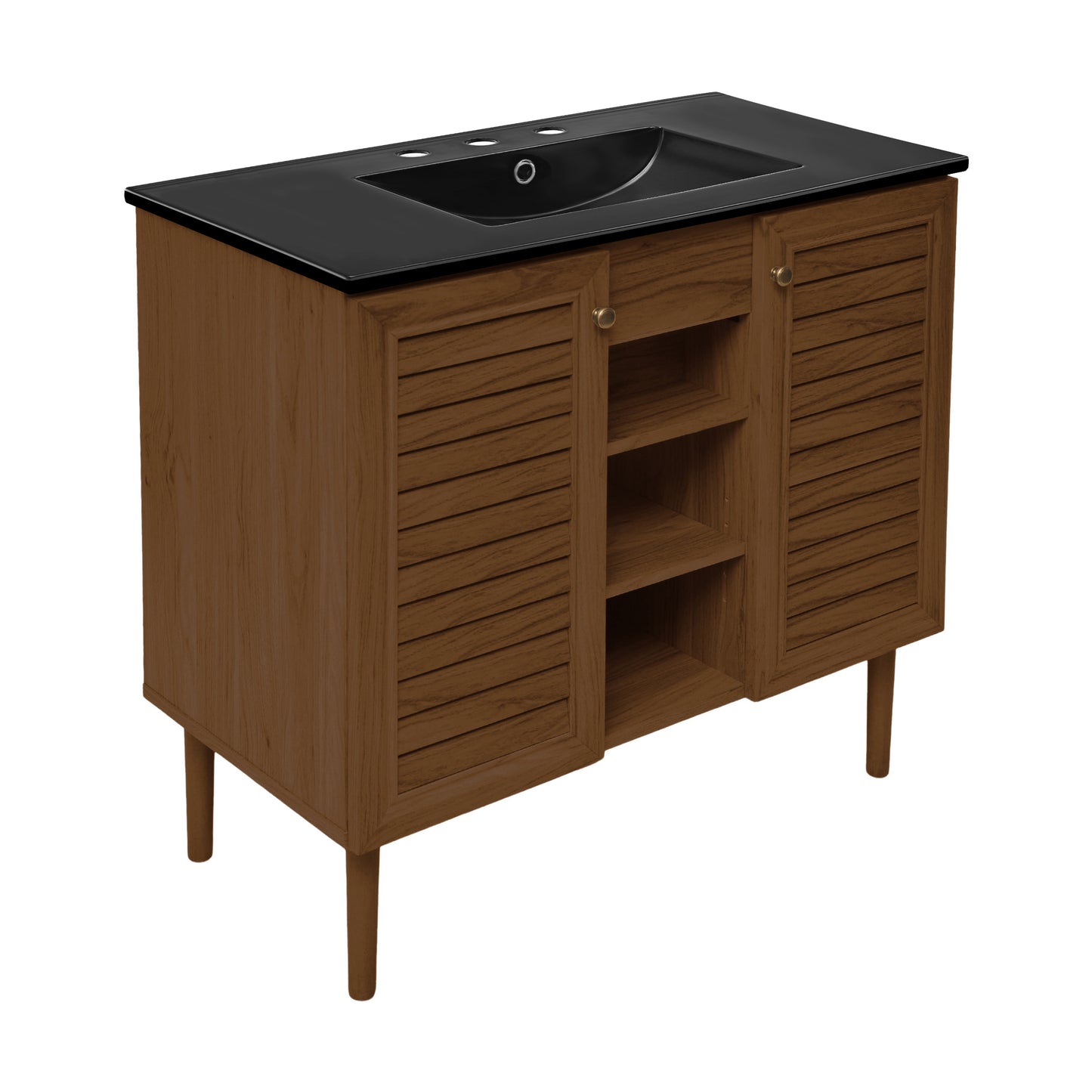 Swiss Madison, Bron 36" Freestanding Bathroom Vanity in Brown Oak with Black 3-Hole Widespread Sink Top