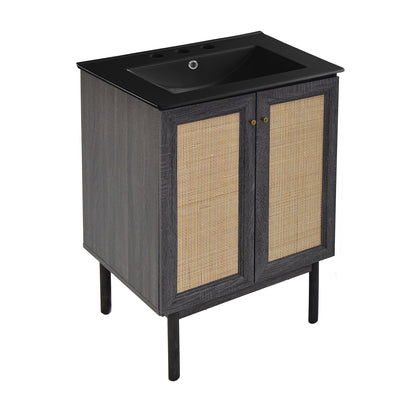 Swiss Madison, Classe 24" Freestanding Bathroom Vanity in Black Oak with Black 3-Hole Centerset Sink Top