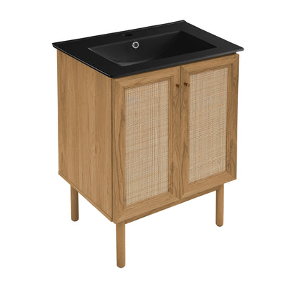 Swiss Madison, Classe 24" Freestanding Bathroom Vanity in Golden Oak with Black Sink Top