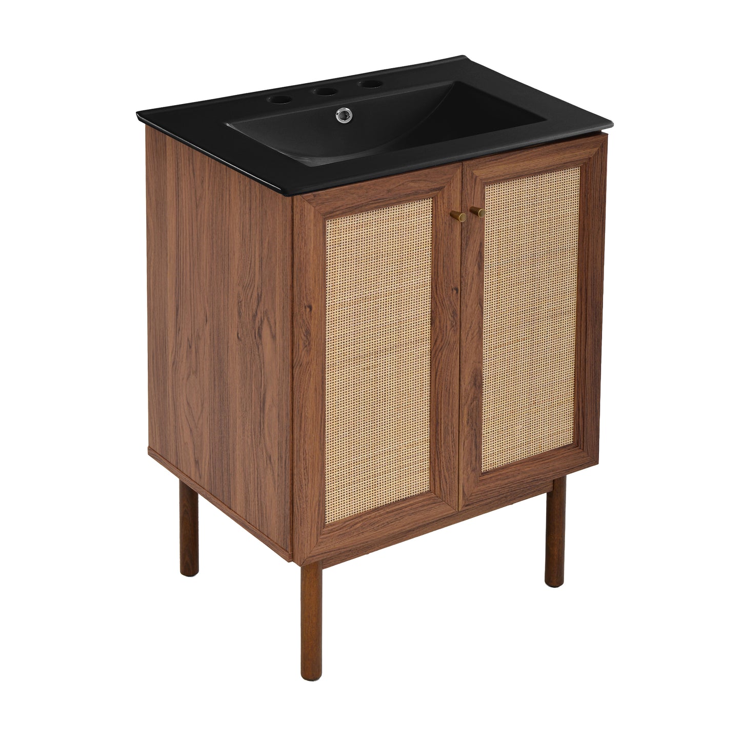 Swiss Madison, Classe 24" Freestanding Bathroom Vanity in Brown Oak with Black 3-Hole Centerset Sink Top