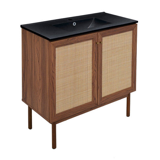 Swiss Madison, Classe 36" Freestanding Bathroom Vanity in Brown Oak with Black Sink Top