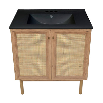 Swiss Madison, Classe 30" Freestanding Bathroom Vanity in Golden Oak with Black 3-Hole Widespread Sink Top