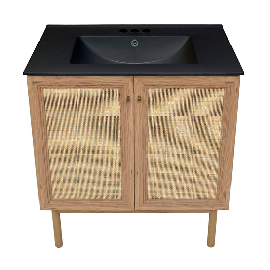Swiss Madison, Classe 30" Freestanding Bathroom Vanity in Golden Oak with Black 3-Hole Widespread Sink Top