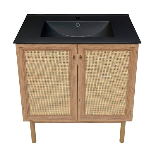Swiss Madison, Classe 30" Freestanding Bathroom Vanity in Golden Oak with Black Sink Top