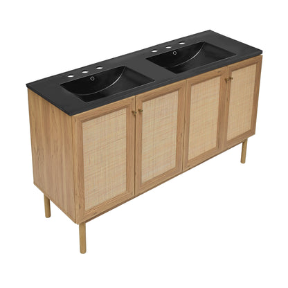 Swiss Madison, Classe 60" Freestanding Bathroom Vanity in Golden Oak with Black 3-Hole Widespread Double Basin Sink Top