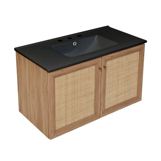 Swiss Madison, Classe 36 in. Brown Oak Wall Hung Bathroom Vanity With Black, 3-Hole Ceramic Sink Top