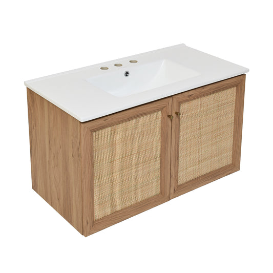 Swiss Madison, Classe 36 in. Brown Oak Wall Hung Bathroom Vanity With White, 3-Hole Ceramic Sink Top