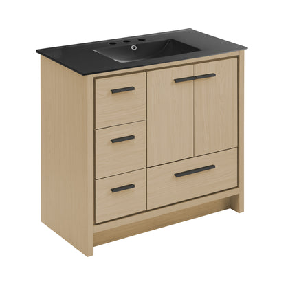 Swiss Madison, Virage 36 in. Brown Oak Bathroom Vanity With Black, 3-Hole Ceramic Sink Top