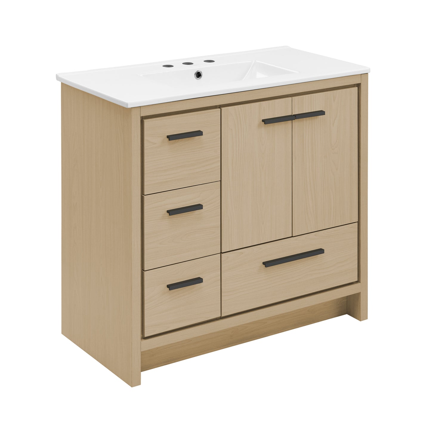 Swiss Madison, Virage 36 in. Brown Oak Bathroom Vanity With White, 3-Hole Ceramic Sink Top
