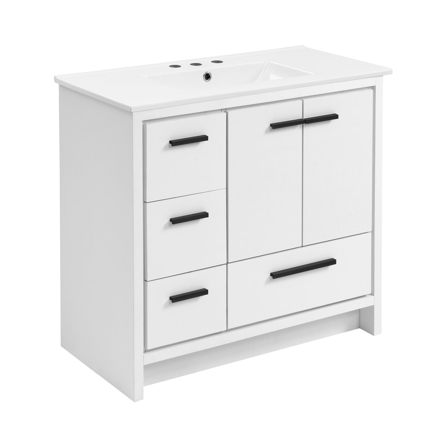 Swiss Madison, Virage 36 in. White Bathroom Vanity With White, 3-Hole Ceramic Sink Top