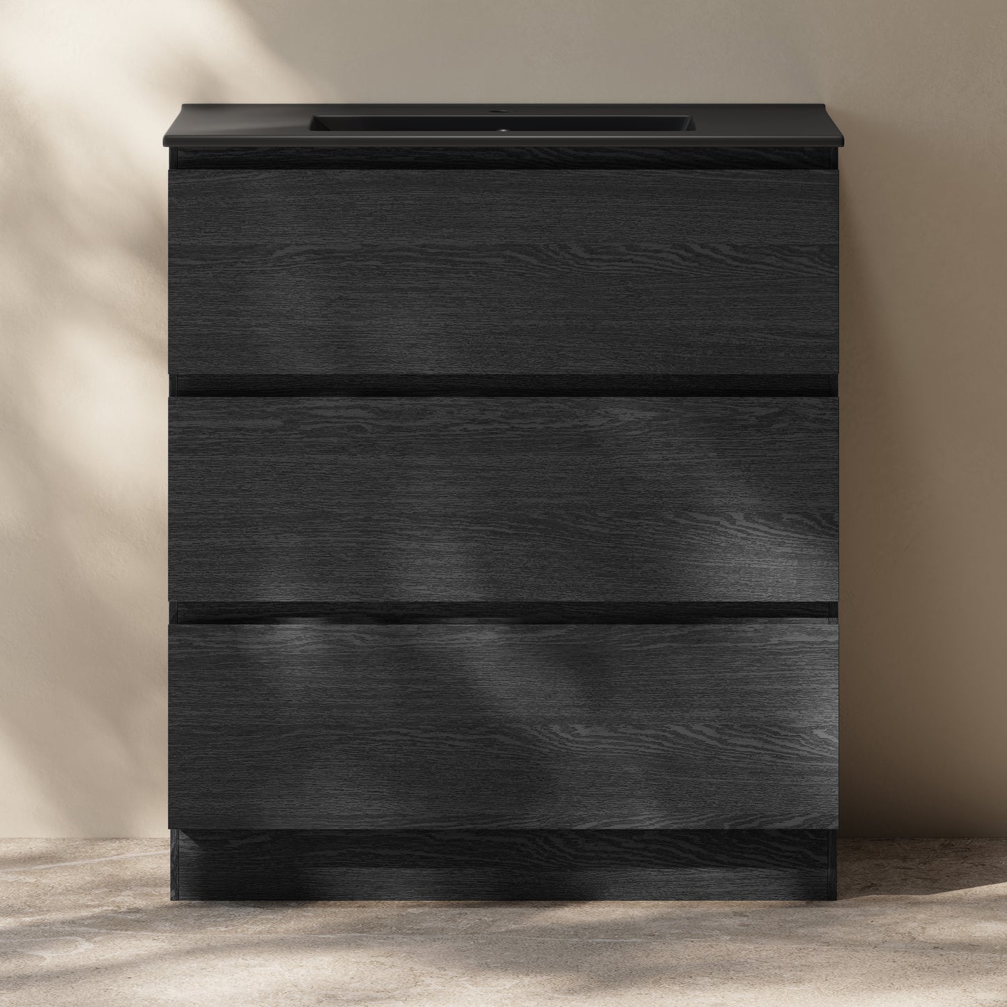 Swiss Madison, Liberte 30" Freestanding Bathroom Vanity in Black Oak with Black Sink Top