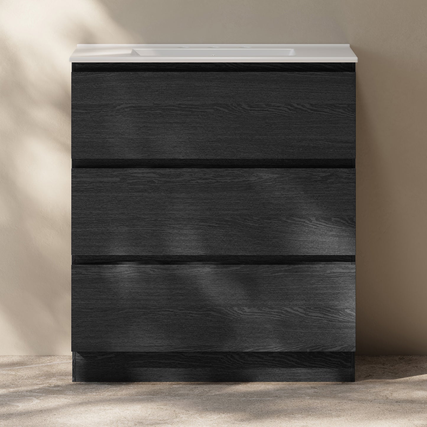 Swiss Madison, Liberte 30" Freestanding Bathroom Vanity in Black Oak with 3-Hole Widespread Sink Top