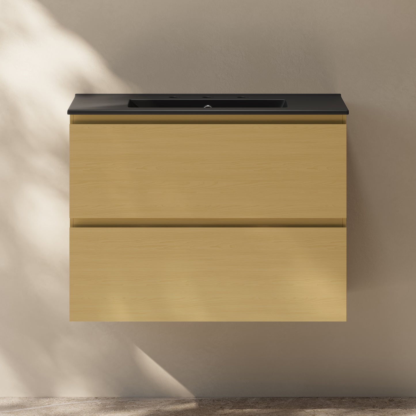 Swiss Madison, Liberte 30" Freestanding Bathroom Vanity in Natural Oak with Black 3-Hole Widespread Sink Top