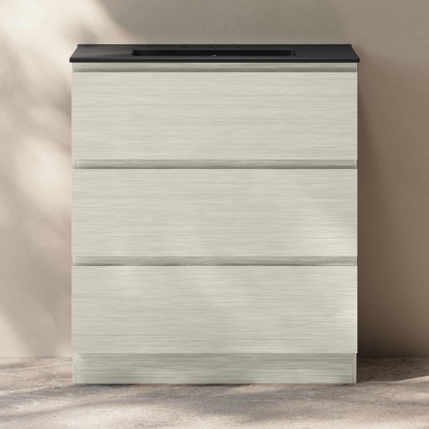 Swiss Madison, Liberte 30" Freestanding Bathroom Vanity in White Oak with Black 3-Hole Widespread Sink Top