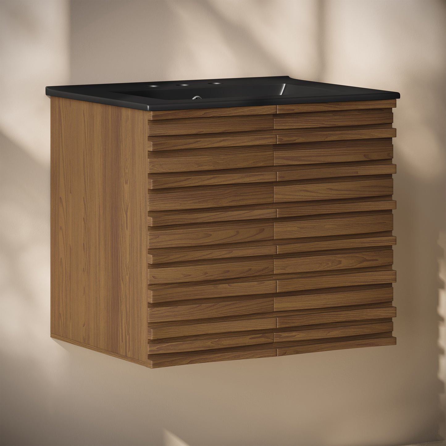 Swiss Madison, Cascade 24" Wall-Mounted Bathroom Vanity in Brown Oak with Black 3-Hole Widespread Sink Top