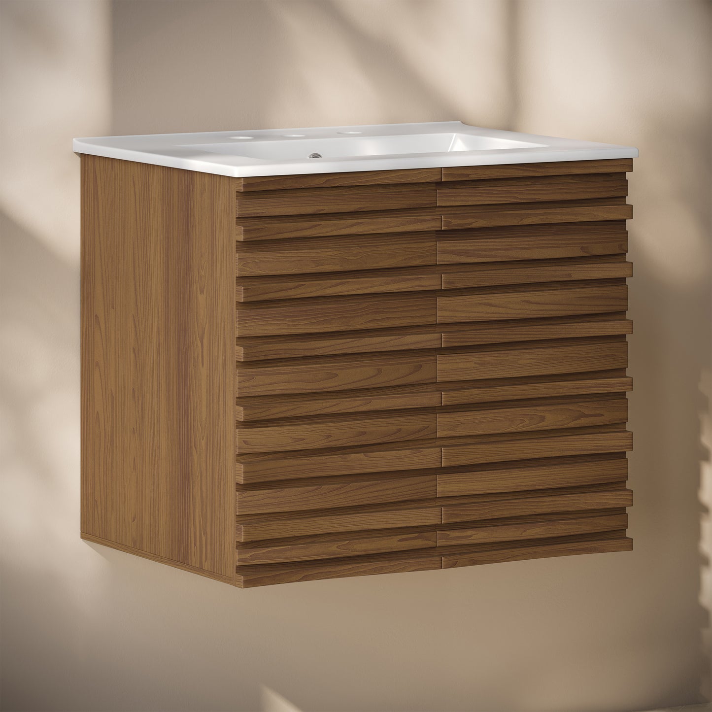 Swiss Madison, Cascade 24" Wall-Mounted Bathroom Vanity in Brown Oak with 3-Hole Widespread Sink Top
