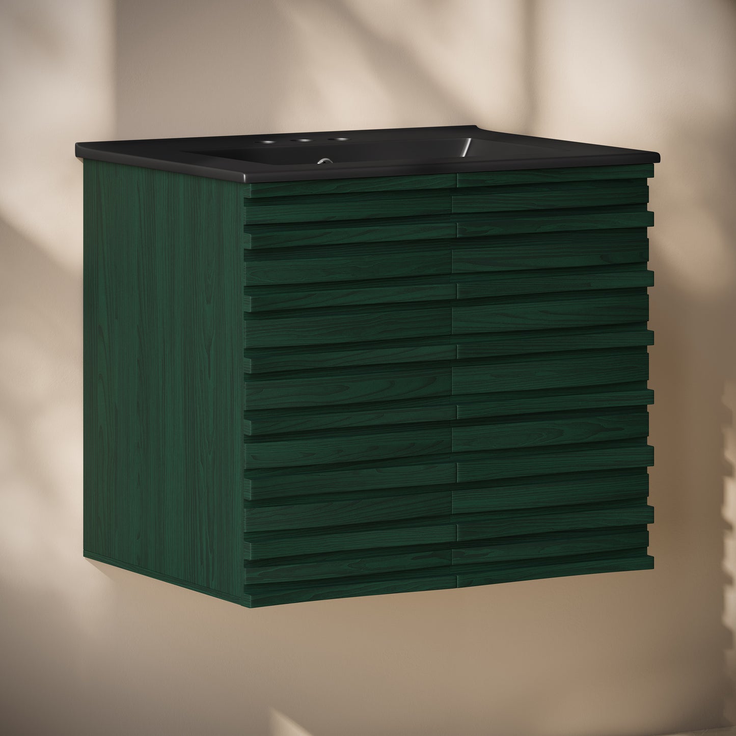 Swiss Madison, Cascade 24" Wall-Mounted Bathroom Vanity in Green Oak with Black 3-Hole Centerset Sink Top
