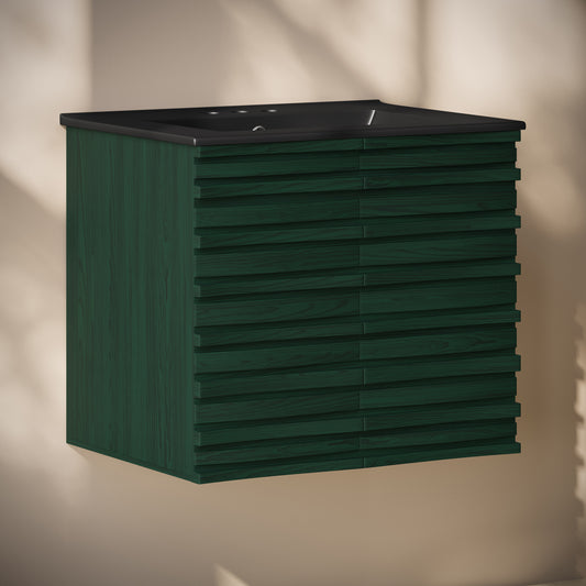 Swiss Madison, Cascade 24" Wall-Mounted Bathroom Vanity in Green Oak with Black 3-Hole Centerset Sink Top