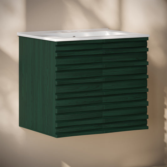 Swiss Madison, Cascade 24" Wall-Mounted Bathroom Vanity in Green Oak with 3-Hole Centerset Sink Top