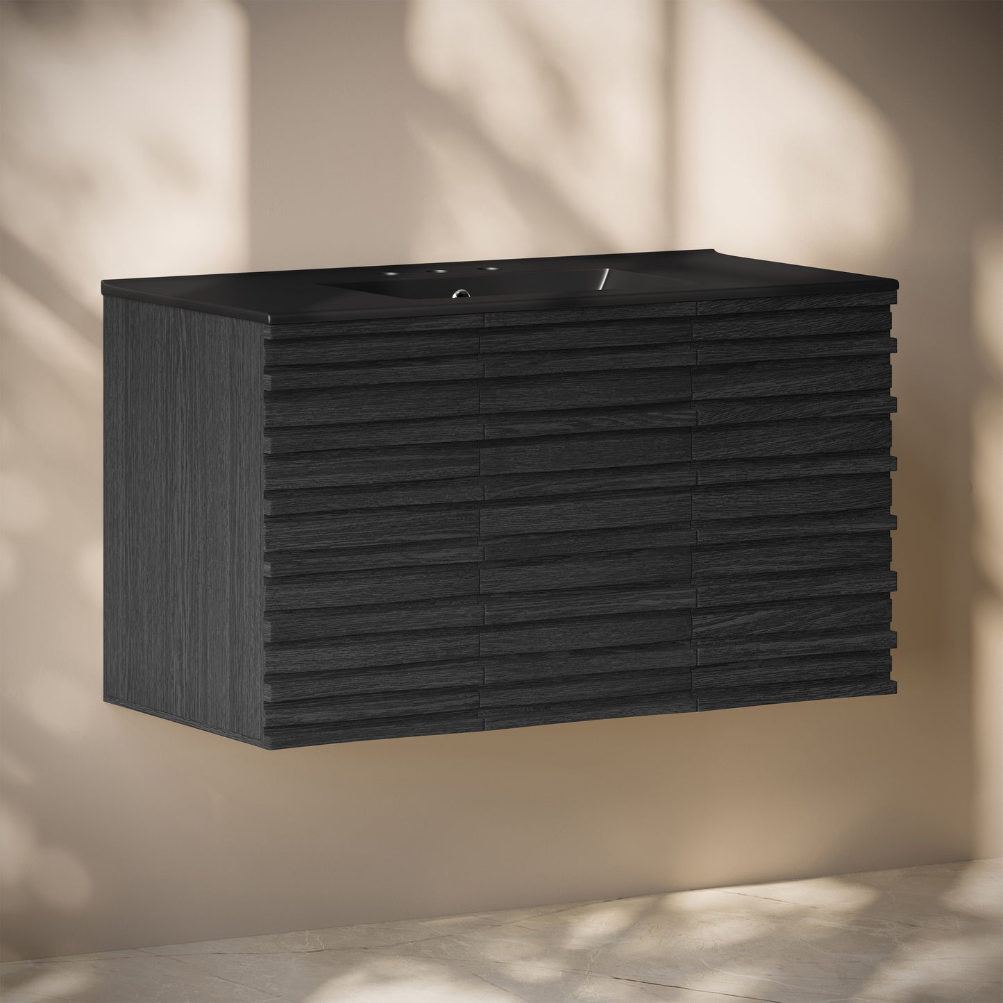 Swiss Madison, Cascade 36" Wall-Mounted Bathroom Vanity in Black Oak with Black 3-Hole Widespread Sink Top