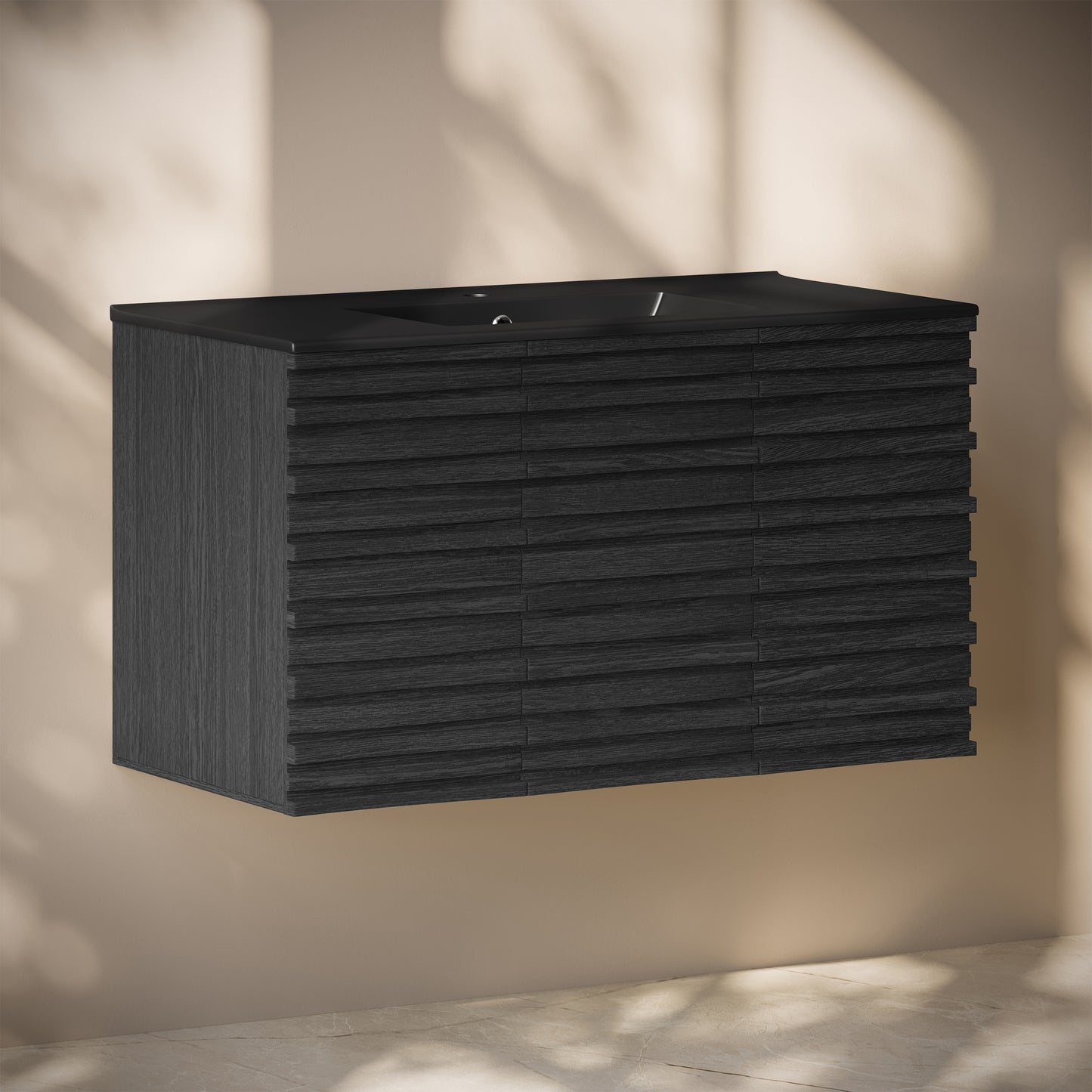 Swiss Madison, Cascade 36" Wall-Mounted Bathroom Vanity in Black Oak with Black Sink Top