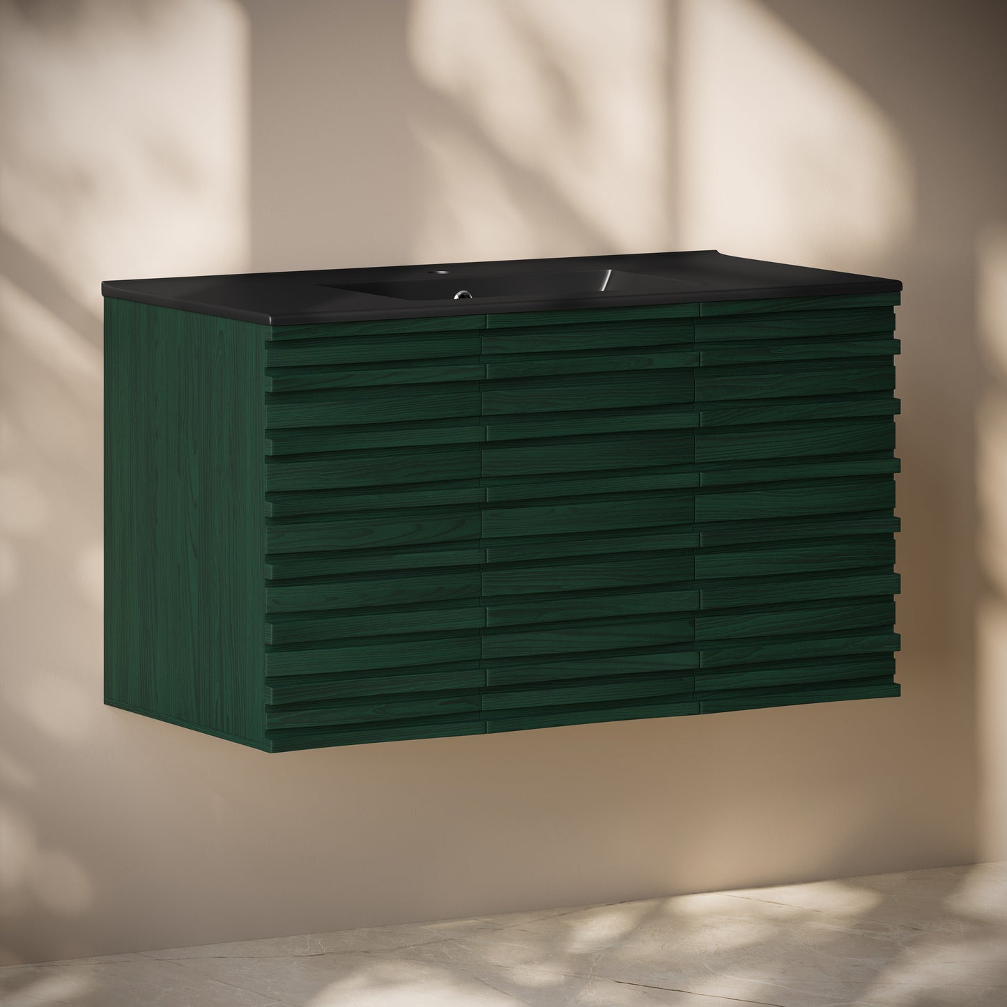 Swiss Madison, Cascade 36" Wall-Mounted Bathroom Vanity in Green Oak with Black Sink Top