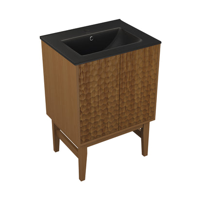 Swiss Madison, Bosse 24" Freestanding Bathroom Vanity in Brown Oak with Black Sink Top