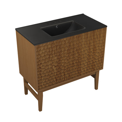 Swiss Madison, Bosse 36" Freestanding Bathroom Vanity in Brown Oak with Black 3-Hole Widespread Sink Top
