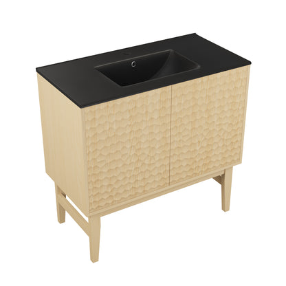 Swiss Madison, Bosse 36" Freestanding Bathroom Vanity in Natural Oak with Black Sink Top