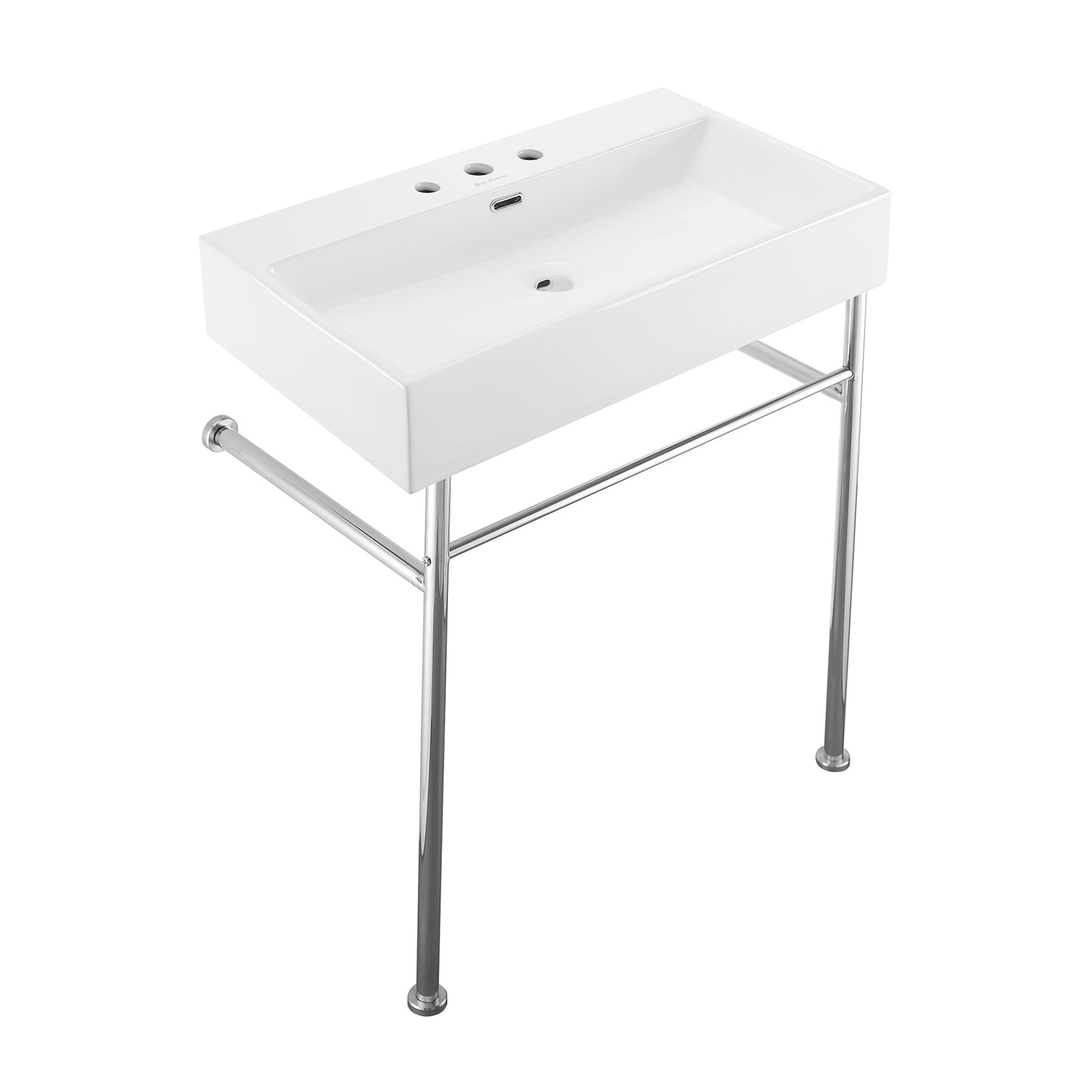 Swiss Madison, Claire 30" Console Sink White Basin Chrome Legs with 8" Widespread Holes
