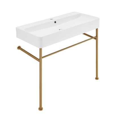 Swiss Madison, Carre 36 Ceramic Console Sink White Basin Brushed Gold Legs
